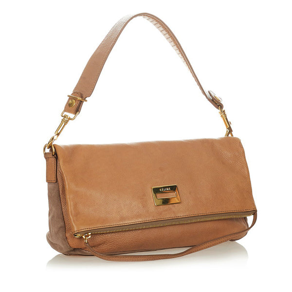 セリーヌ スクエア ロゴ W-UP-0190 ライトブラウン レザー スウェード ショルダーバッグ レディース CELINE 【中古】