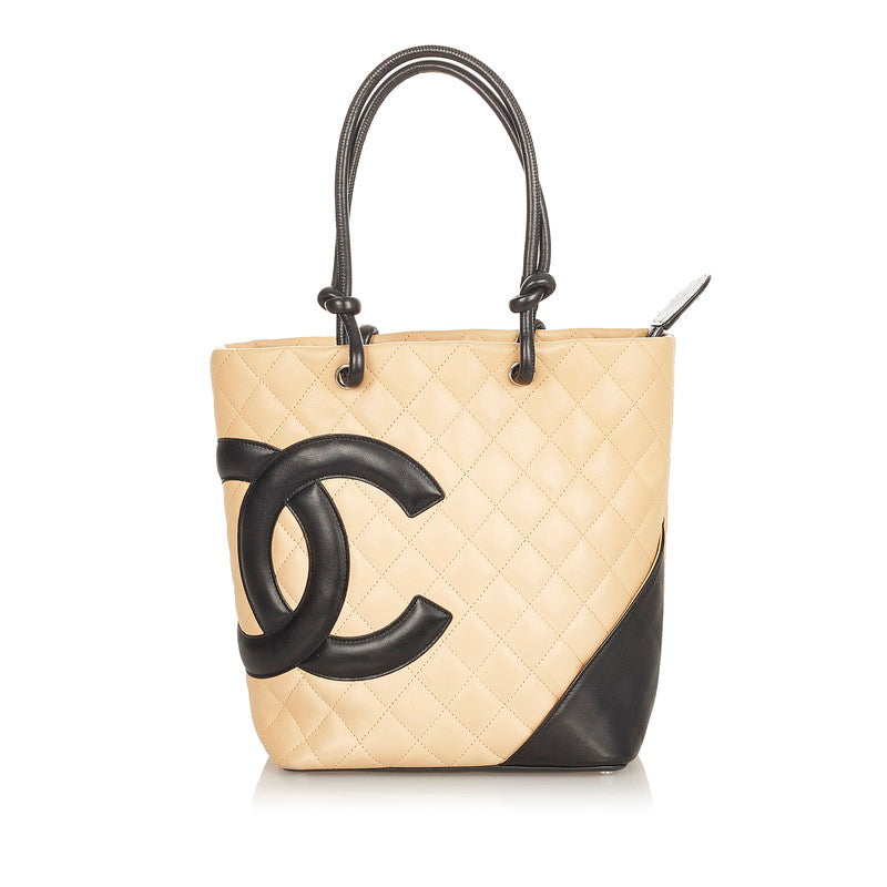 シャネル カンボン ココマーク ベージュ ブラック レザー ハンドバッグ レディース CHANEL 【中古】