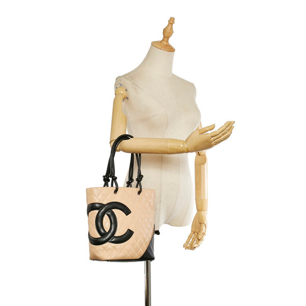 シャネル カンボン ココマーク ベージュ ブラック レザー ハンドバッグ レディース CHANEL 【中古】