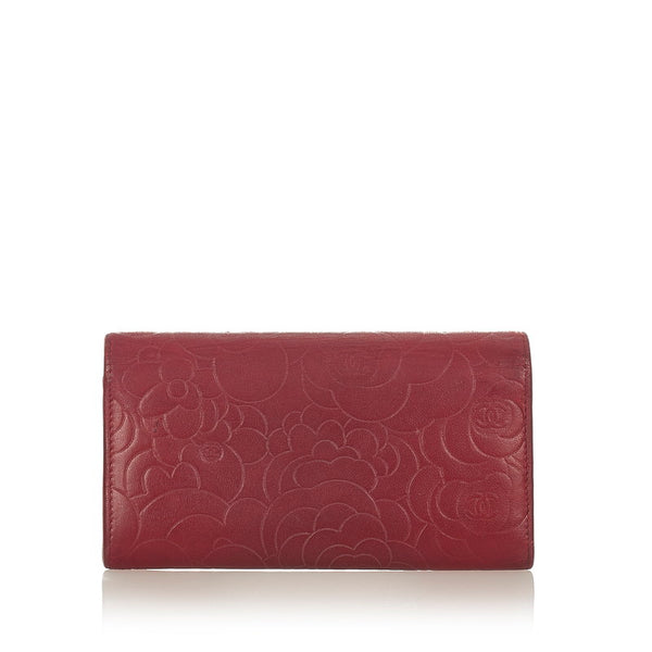 シャネル カメリア レッド レザー 長財布 レディース CHANEL 【中古】