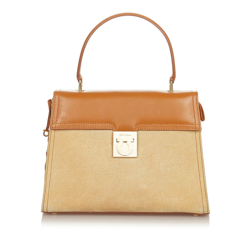 サルヴァトーレフェラガモ ガンチーニ BA-21 2450 アイボリー ブラウン キャンバス レザー ハンドバッグ レディース Salvatore Ferragamo 【中古】