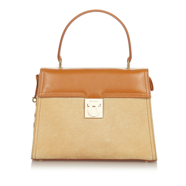 サルヴァトーレフェラガモ ガンチーニ BA-21 2450 アイボリー ブラウン キャンバス レザー ハンドバッグ レディース Salvatore Ferragamo 【中古】