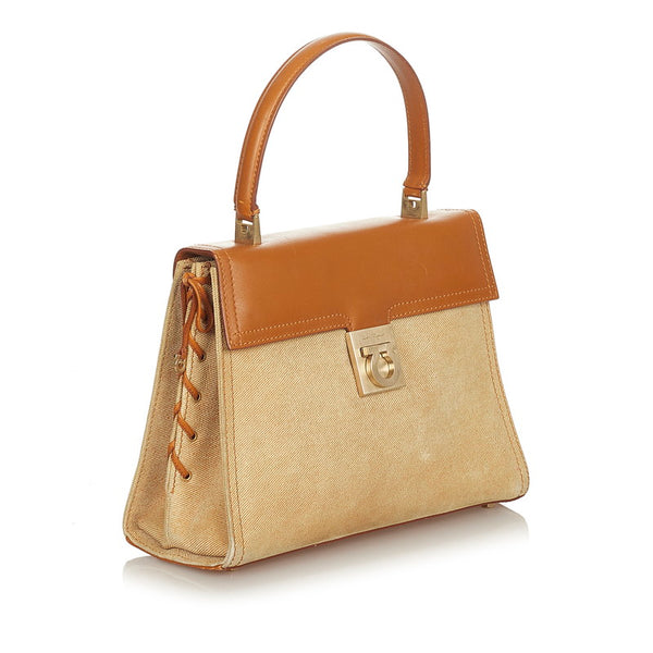 サルヴァトーレフェラガモ ガンチーニ BA-21 2450 アイボリー ブラウン キャンバス レザー ハンドバッグ レディース Salvatore Ferragamo 【中古】