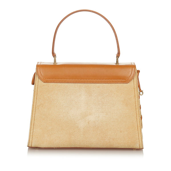 サルヴァトーレフェラガモ ガンチーニ BA-21 2450 アイボリー ブラウン キャンバス レザー ハンドバッグ レディース Salvatore Ferragamo 【中古】