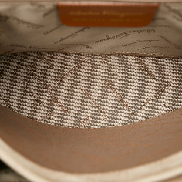 サルヴァトーレフェラガモ ガンチーニ BA-21 2450 アイボリー ブラウン キャンバス レザー ハンドバッグ レディース Salvatore Ferragamo 【中古】