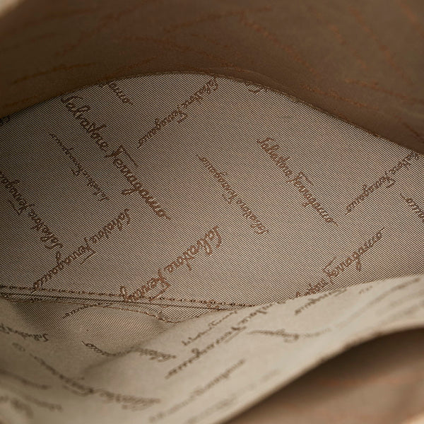 サルヴァトーレフェラガモ ガンチーニ BA-21 2450 アイボリー ブラウン キャンバス レザー ハンドバッグ レディース Salvatore Ferragamo 【中古】