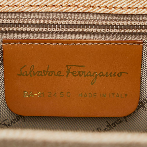 サルヴァトーレフェラガモ ガンチーニ BA-21 2450 アイボリー ブラウン キャンバス レザー ハンドバッグ レディース Salvatore Ferragamo 【中古】