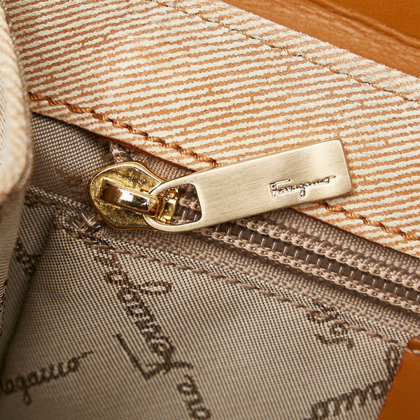 サルヴァトーレフェラガモ ガンチーニ BA-21 2450 アイボリー ブラウン キャンバス レザー ハンドバッグ レディース Salvatore Ferragamo 【中古】