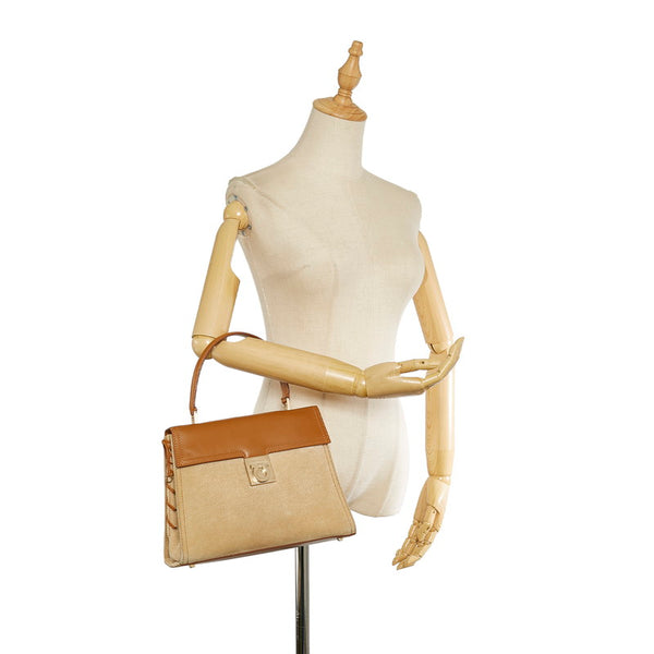 サルヴァトーレフェラガモ ガンチーニ BA-21 2450 アイボリー ブラウン キャンバス レザー ハンドバッグ レディース Salvatore Ferragamo 【中古】