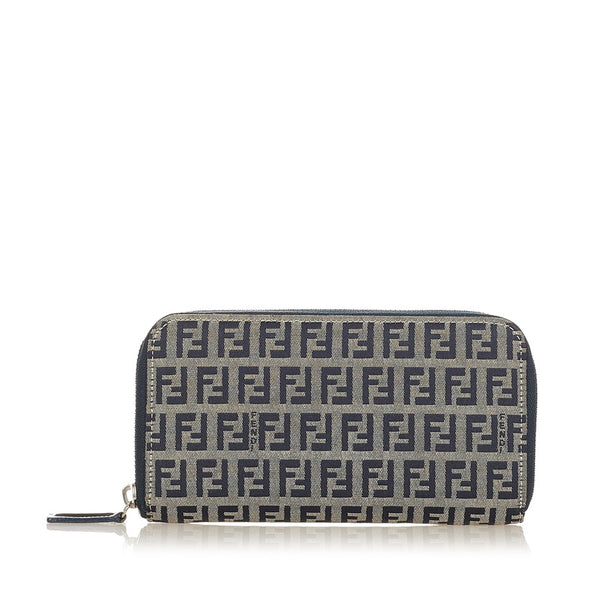 フェンディ ズッキーノ 2369 30978 018 ベージュ ネイビー キャンバス ラウンドファスナー 長財布 レディース FENDI 【中古】