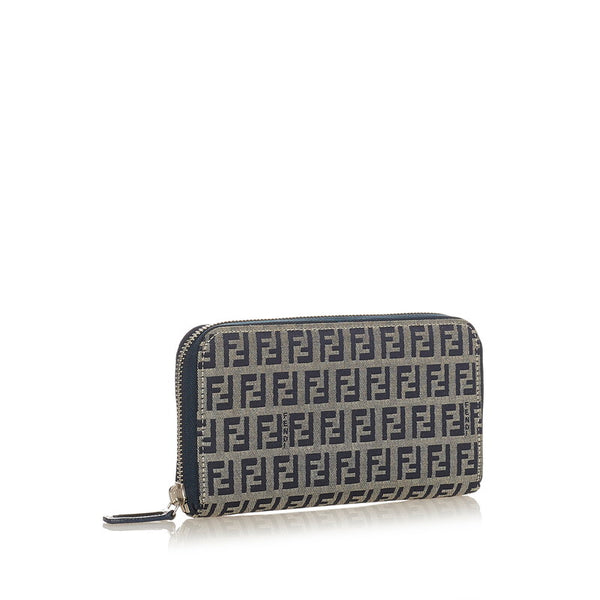 フェンディ ズッキーノ 2369 30978 018 ベージュ ネイビー キャンバス ラウンドファスナー 長財布 レディース FENDI 【中古】