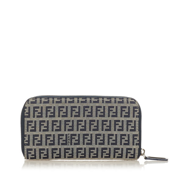 フェンディ ズッキーノ 2369 30978 018 ベージュ ネイビー キャンバス ラウンドファスナー 長財布 レディース FENDI 【中古】