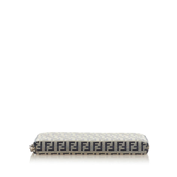 フェンディ ズッキーノ 2369 30978 018 ベージュ ネイビー キャンバス ラウンドファスナー 長財布 レディース FENDI 【中古】