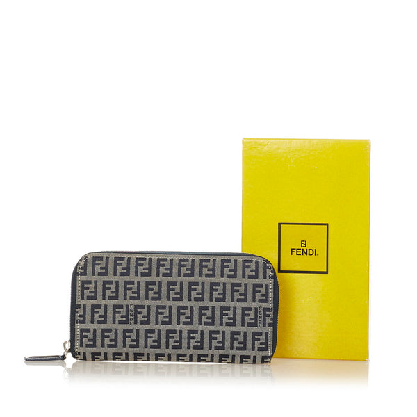 フェンディ ズッキーノ 2369 30978 018 ベージュ ネイビー キャンバス ラウンドファスナー 長財布 レディース FENDI 【中古】