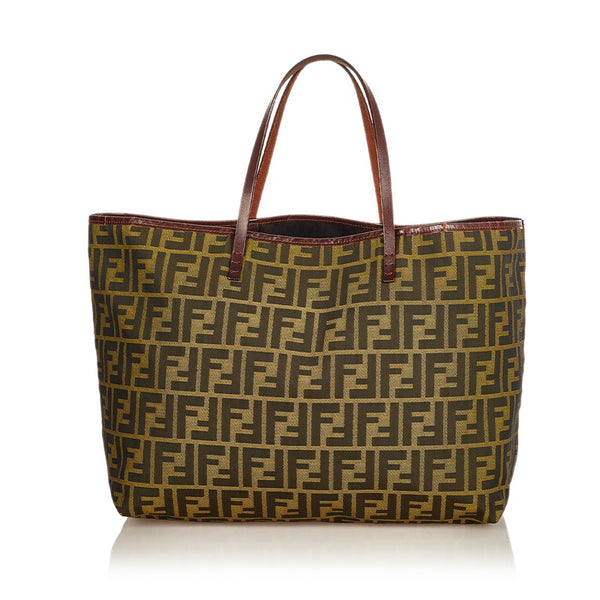 フェンディ ズッカ ブラウン カーキ キャンバス レザー トートバッグ レディース FENDI 【中古】