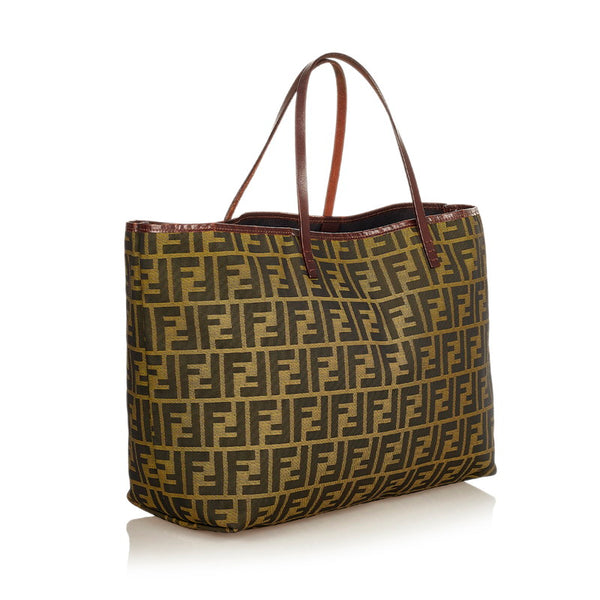 フェンディ ズッカ ブラウン カーキ キャンバス レザー トートバッグ レディース FENDI 【中古】