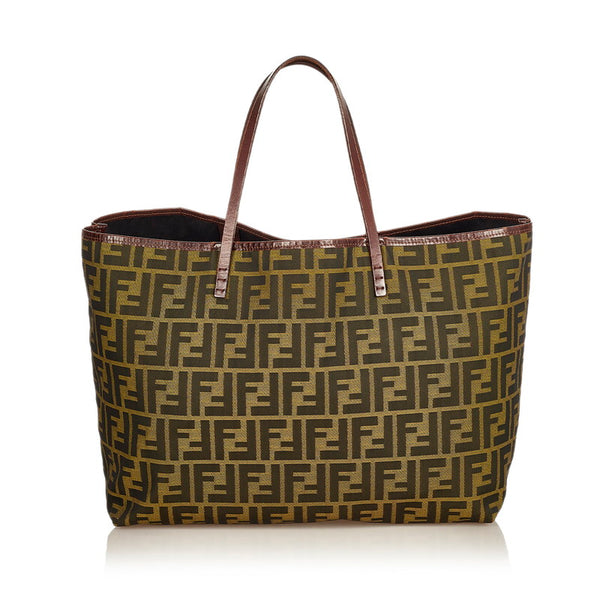 フェンディ ズッカ ブラウン カーキ キャンバス レザー トートバッグ レディース FENDI 【中古】
