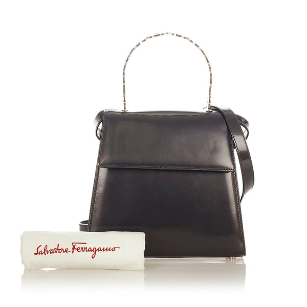 サルヴァトーレフェラガモ ガンチーニ ハンドバッグ ショルダーバッグ 2WAY P21 6770 メタリックブラック パテントレザー レディース Salvatore Ferragamo 【中古】