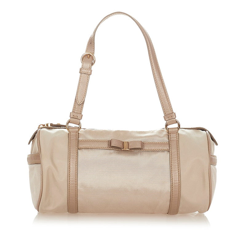 サルヴァトーレフェラガモ ヴァラリボン EE-21 C160 ピンクベージュ ナイロン レザー ハンドバッグ レディース Salvatore Ferragamo 【中古】