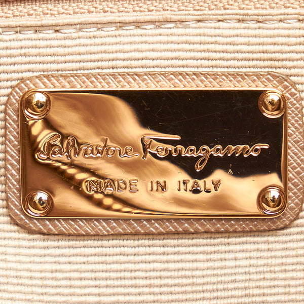 サルヴァトーレフェラガモ ヴァラリボン EE-21 C160 ピンクベージュ ナイロン レザー ハンドバッグ レディース Salvatore Ferragamo 【中古】