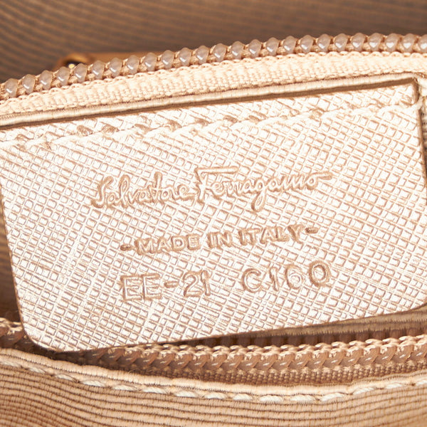 サルヴァトーレフェラガモ ヴァラリボン EE-21 C160 ピンクベージュ ナイロン レザー ハンドバッグ レディース Salvatore Ferragamo 【中古】