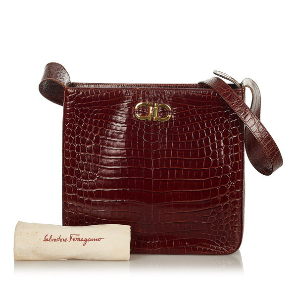 サルヴァトーレフェラガモ AQ21 6241 ブラウン 型押しレザー ショルダーバッグ レディース Salvatore Ferragamo 【中古】