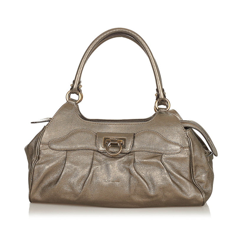 サルヴァトーレフェラガモ ガンチーニ EE21-A069 メタリックブラック グレー レザー トートバッグ レディース Salvatore Ferragamo 【中古】