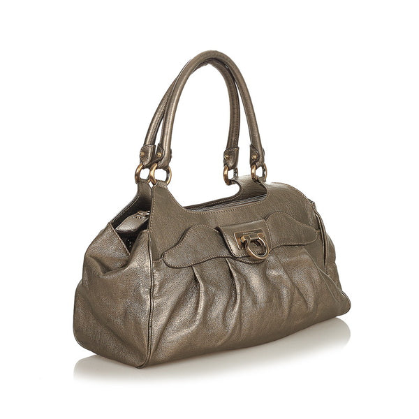 サルヴァトーレフェラガモ ガンチーニ EE21-A069 メタリックブラック グレー レザー トートバッグ レディース Salvatore Ferragamo 【中古】