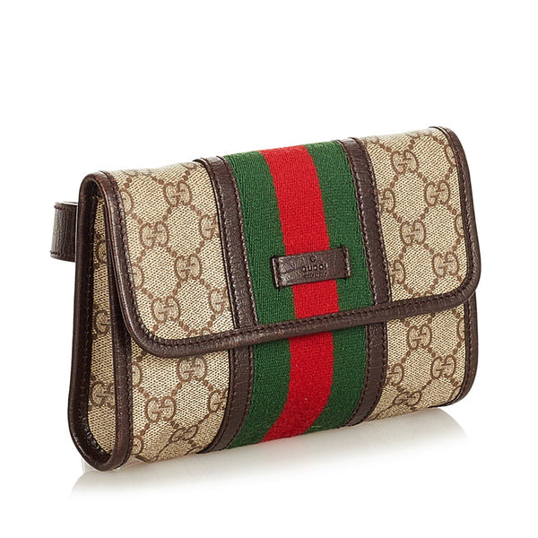 グッチ GGスプリーム シェリーライン 152597 ブラウン グリーン レッド PVC レザー ウエストバッグ レディース GUCCI 【中古】