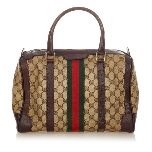 グッチ シェリーライン ミニボストン ブラウン グリーン レッド PVC レザー ハンドバッグ レディース GUCCI 【中古】