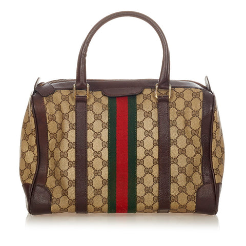 グッチ シェリーライン ミニボストン ブラウン グリーン レッド PVC レザー ハンドバッグ レディース GUCCI 【中古】