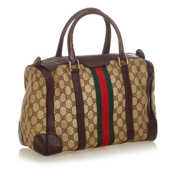 グッチ シェリーライン ミニボストン ブラウン グリーン レッド PVC レザー ハンドバッグ レディース GUCCI 【中古】