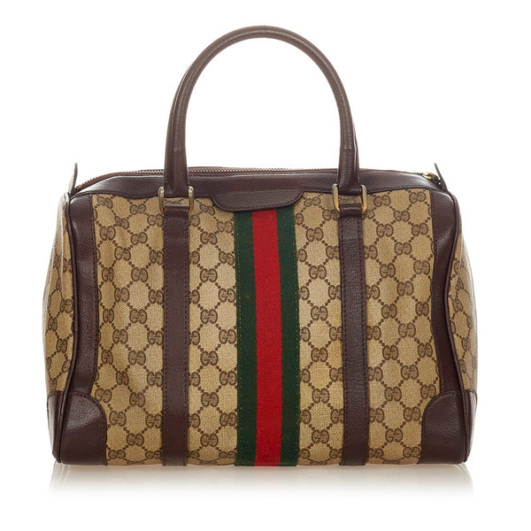 グッチ シェリーライン ミニボストン ブラウン グリーン レッド PVC レザー ハンドバッグ レディース GUCCI 【中古】