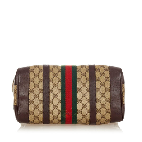 グッチ シェリーライン ミニボストン ブラウン グリーン レッド PVC レザー ハンドバッグ レディース GUCCI 【中古】