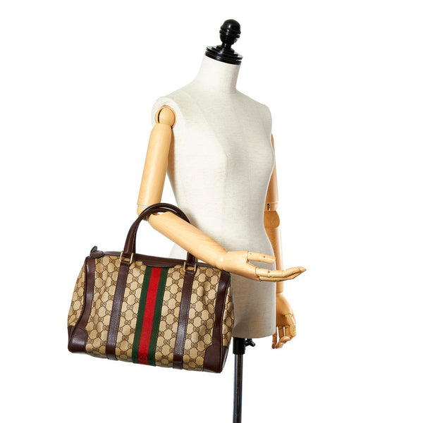 グッチ シェリーライン ミニボストン ブラウン グリーン レッド PVC レザー ハンドバッグ レディース GUCCI 【中古】