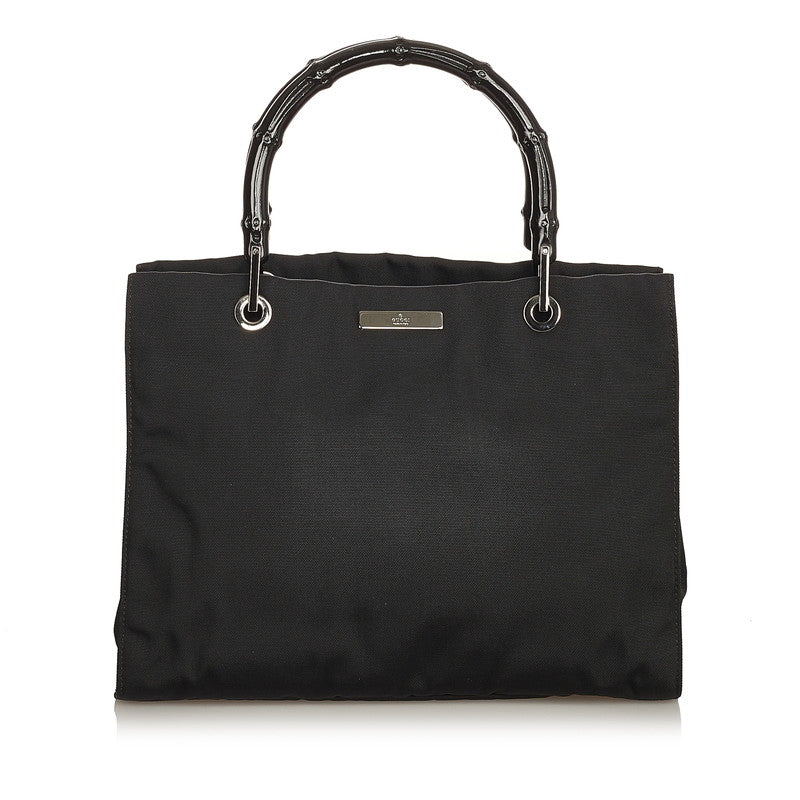 グッチ バンブー ロゴプレート 002 1016 ブラック キャンバス ハンドバッグ レディース GUCCI 【中古】