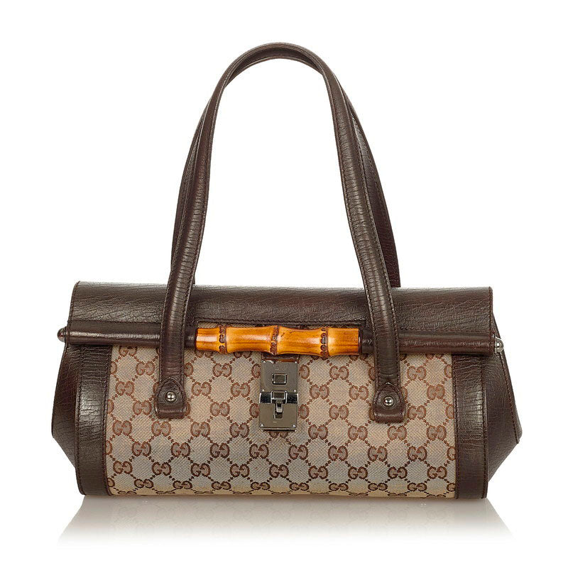 グッチ GGキャンバス バンブー 111713 ベージュ ブラウン キャンバス レザー ハンドバッグ レディース GUCCI 【中古】
