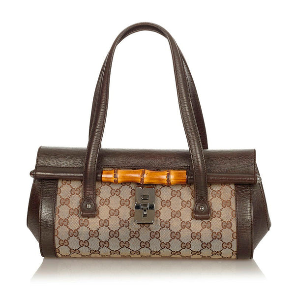 グッチ GGキャンバス バンブー 111713 ベージュ ブラウン キャンバス レザー ハンドバッグ レディース GUCCI 【中古】