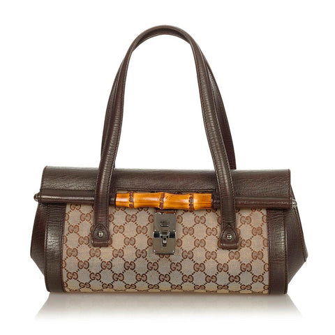 グッチ GGキャンバス バンブー 111713 ベージュ ブラウン キャンバス レザー ハンドバッグ レディース GUCCI 【中古】