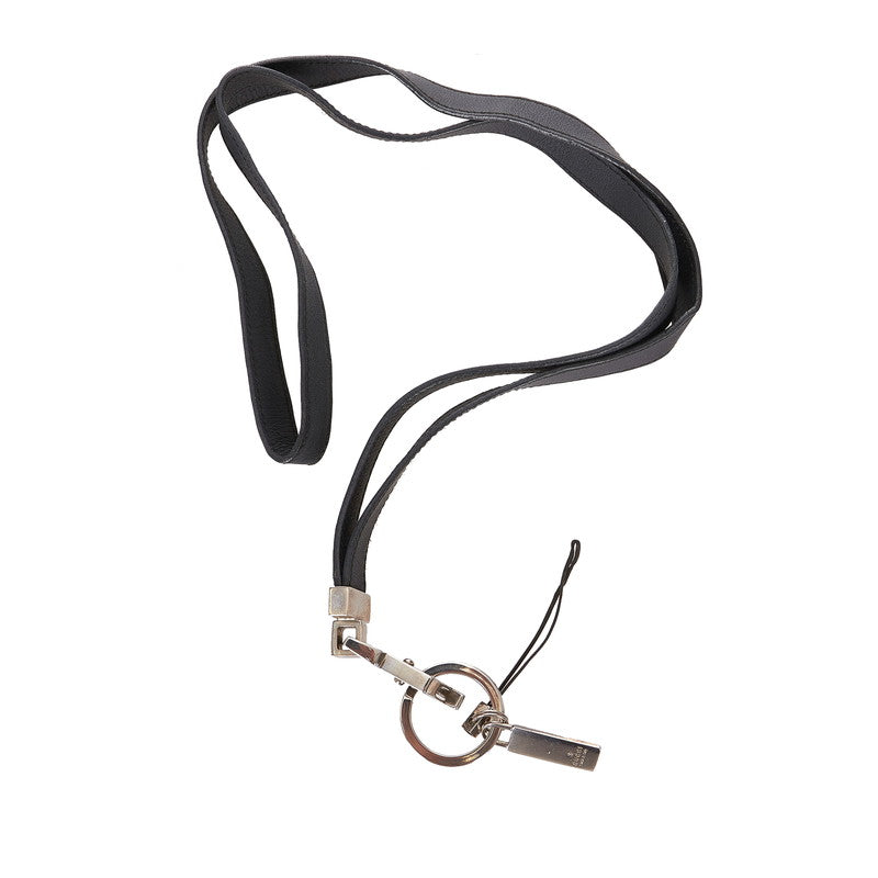 グッチ ブラック シルバー レザー メタル 携帯ストラップ ネックストラップ　 レディース GUCCI 【中古】