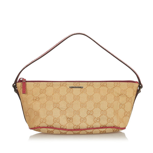グッチ GGキャンバス 07198 ベージュ ピンク キャンバス レザー ポーチ レディース GUCCI 【中古】