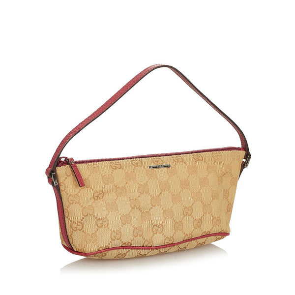 グッチ GGキャンバス 07198 ベージュ ピンク キャンバス レザー ポーチ レディース GUCCI 【中古】