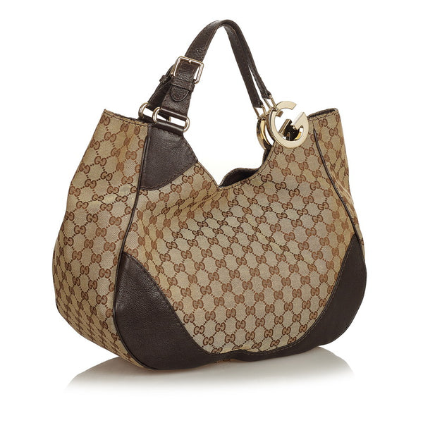 グッチ GGキャンバス 203504 ブラウン ベージュ キャンバス レザー ショルダーバッグ レディース GUCCI 【中古】