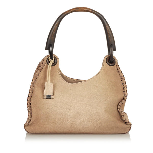 グッチ ウッドハンドル 106237 ベージュ ブラウン スウェード ワンショルダー レディース GUCCI 【中古】