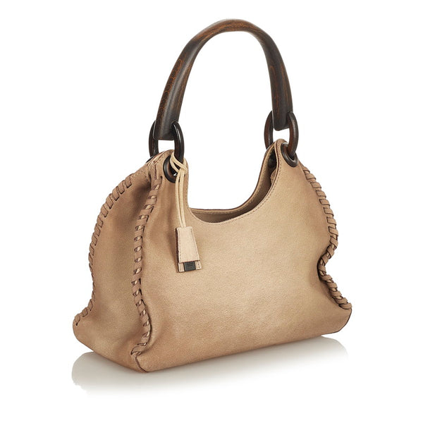 グッチ ウッドハンドル 106237 ベージュ ブラウン スウェード ワンショルダー レディース GUCCI 【中古】