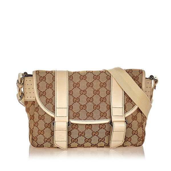 グッチ ＧＧキャンバス 145858 ベージュ ホワイト キャンバス レザー 斜め掛け ショルダーバッグ レディース GUCCI 【中古】