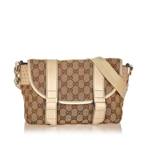 グッチ ＧＧキャンバス 145858 ベージュ ホワイト キャンバス レザー 斜め掛け ショルダーバッグ レディース GUCCI 【中古】