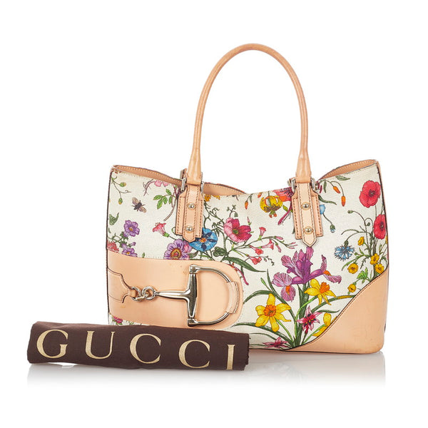 グッチ ホースビット フローラ 137385 ホワイト ベージュ キャンバス レザー トートバッグ レディース GUCCI 【中古】