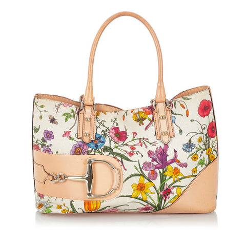 グッチ ホースビット フローラ 137385 ホワイト ベージュ キャンバス レザー トートバッグ レディース GUCCI 【中古】