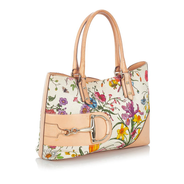 グッチ ホースビット フローラ 137385 ホワイト ベージュ キャンバス レザー トートバッグ レディース GUCCI 【中古】